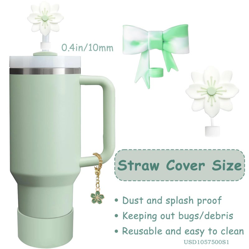 vikgle Stanley Cup Accessories Set,Including 2 Pcs 0.4in Straw Cover, 1 Silicone Spill-Proof Stopper Set of 3, 1 Cute Flowers Handle Charm, 1 Silicone Boot Fits Stanley 40&30 Oz Tumbler (Matcha Cream) - Image 2